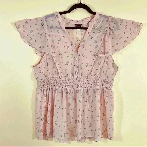 Torrid Mauve “Owl” Print V-Neck Cap Sleeve Chiffon Peplum Peasant Top Size 14/16 - Picture 3 of 12